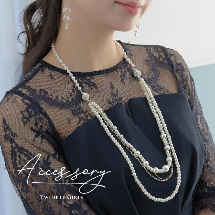 結婚式アクセサリーパールラインストーン二次会お呼ばれパーティーアクセ2連ネックレスパールネックレスロングパールネックレスロングネックレス2way