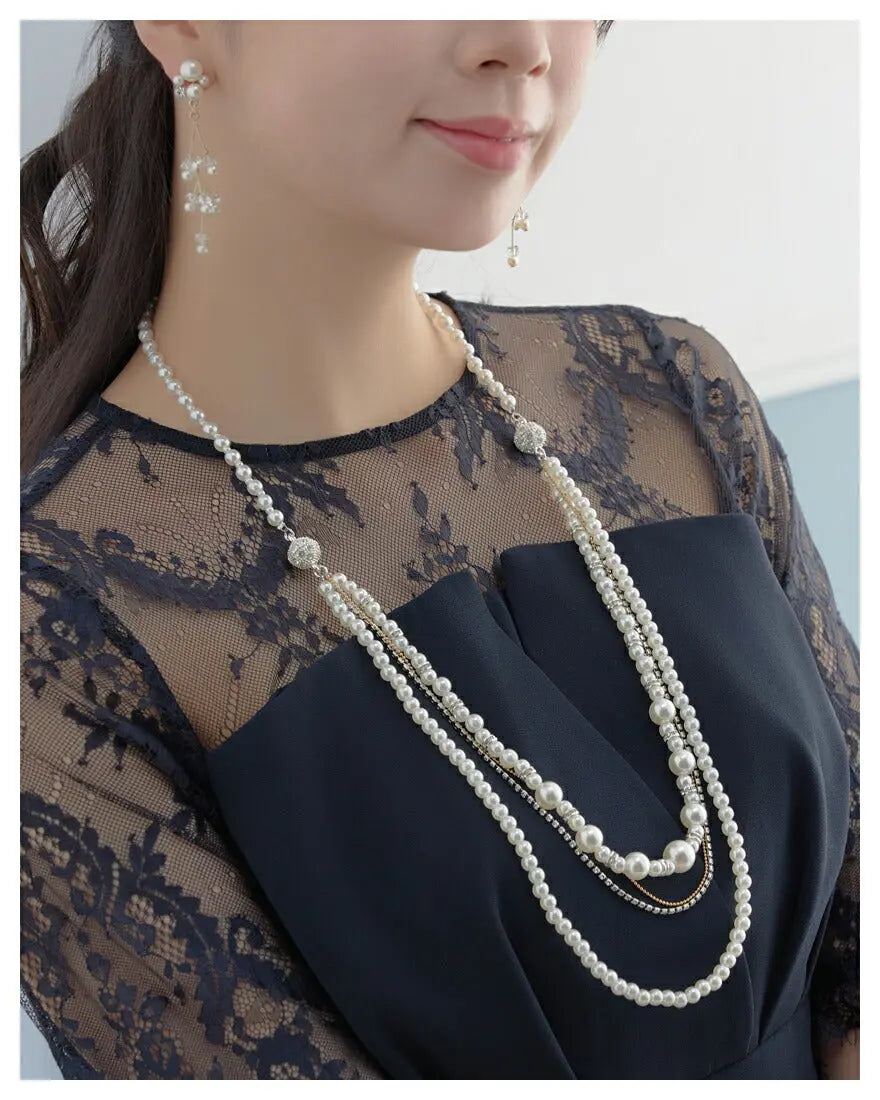結婚式アクセサリーパールラインストーン二次会お呼ばれパーティーアクセ2連ネックレスパールネックレスロングパールネックレスロングネックレス2way