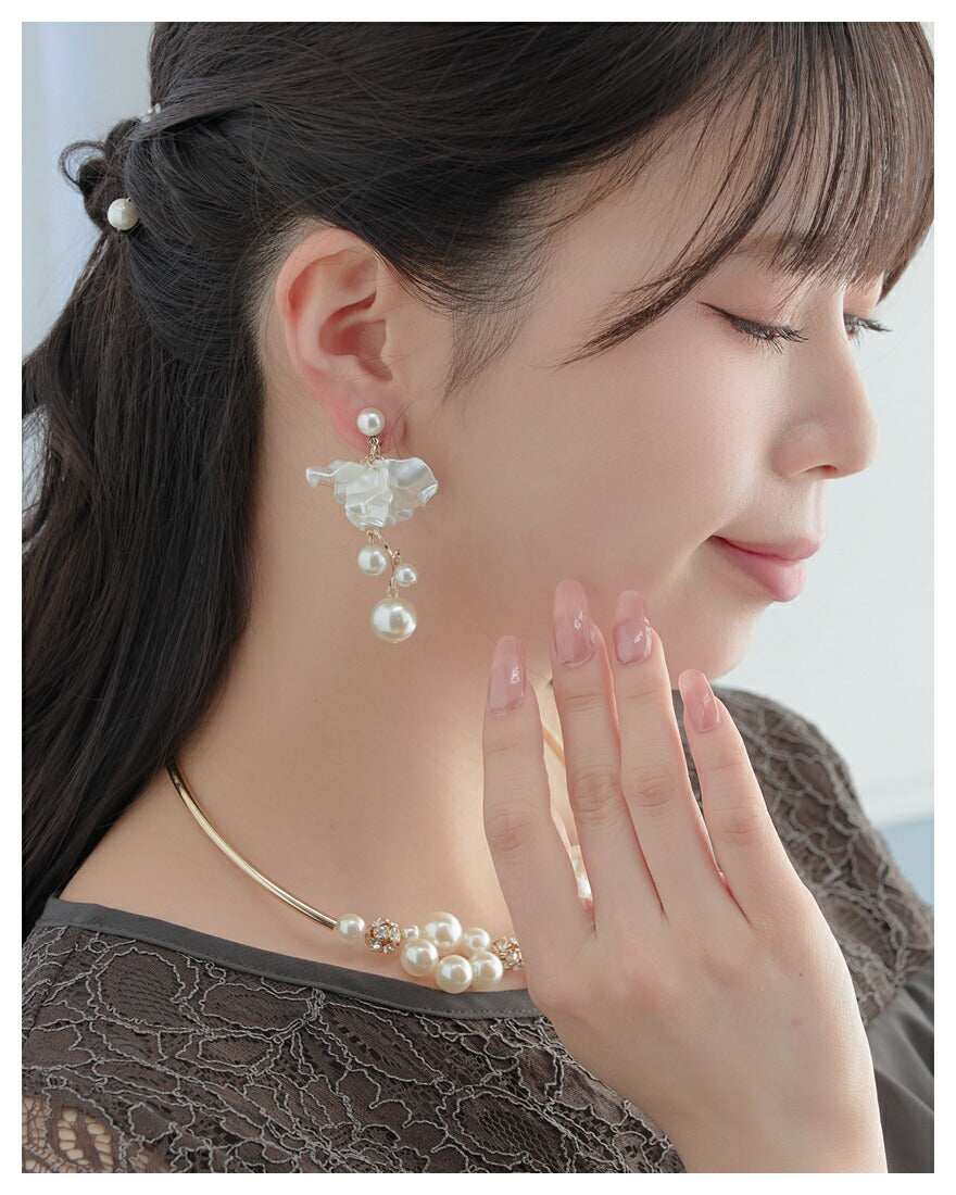 パール ピアス イヤリング 結婚式 アクセサリー 揺れる ぶら下がり レディース パーティー/フラワー/セット可能/お呼ばれ/ ゴールド パーティードレス通販TwinkleGIrls