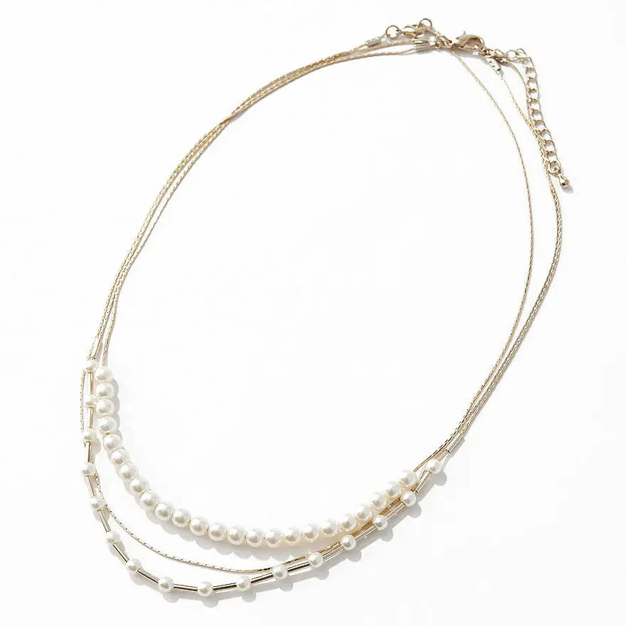 結婚式ネックレスアクセサリーパールレディースパーティー/2本セット/重ね付け/パールネックレス/お呼ばれ/ビジューゴールド