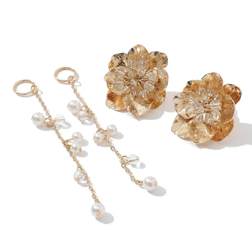 メタルビーズフラワー2WAYイヤリング結婚式アクセサリー大ぶり花揺れるメタル大ぶりゲストウェディングビジューパーティーゴールド和装花嫁ボリュームお呼ばれ二次会