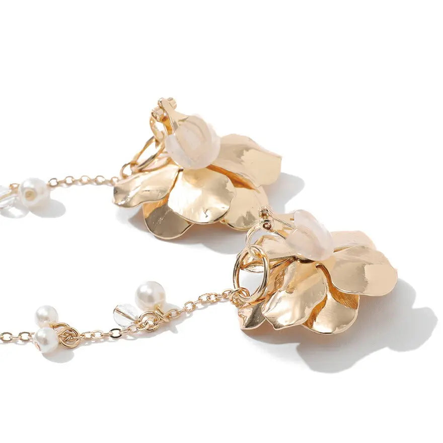 メタルビーズフラワー2WAYイヤリング結婚式アクセサリー大ぶり花揺れるメタル大ぶりゲストウェディングビジューパーティーゴールド和装花嫁ボリュームお呼ばれ二次会