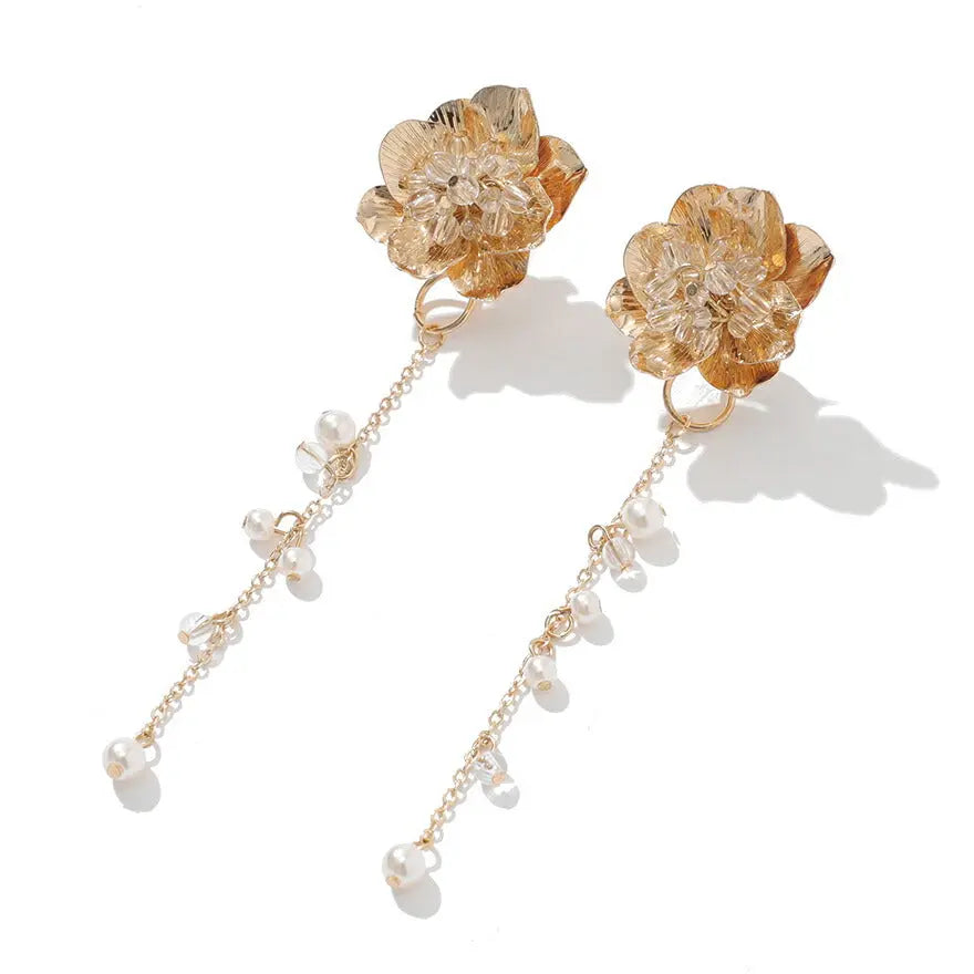 メタルビーズフラワー2WAYイヤリング結婚式アクセサリー大ぶり花揺れるメタル大ぶりゲストウェディングビジューパーティーゴールド和装花嫁ボリュームお呼ばれ二次会