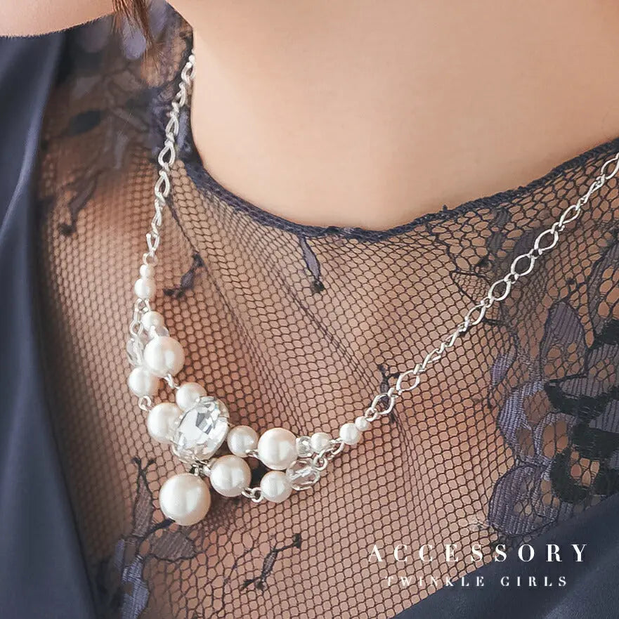 ネックレス結婚式パールアクセサリーパーティーゴージャスショートレディース2連50cm2WAYウェディングシンプルボリュームパールネックレス