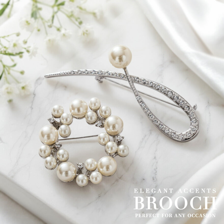 ブローチ 卒業式 入学式 卒園式 入園式 結婚式 お呼ばれ  2点セット パール ラインストーン シルバー コサージュ 代わり フォーマル セレモニー ママスーツ ドレス おしゃれ エレガント 上品 リース サークル 流線型 アレンジ 軽い アクセサリー