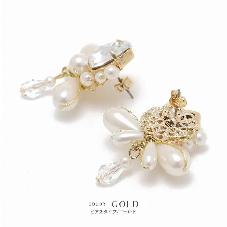 イヤリングピアス結婚式パールアクセサリーウェディングニッケルフリーゲスト大ぶり揺れるパーティーゴールド/シルバー和装花嫁ボリュームお呼ばれ二次会