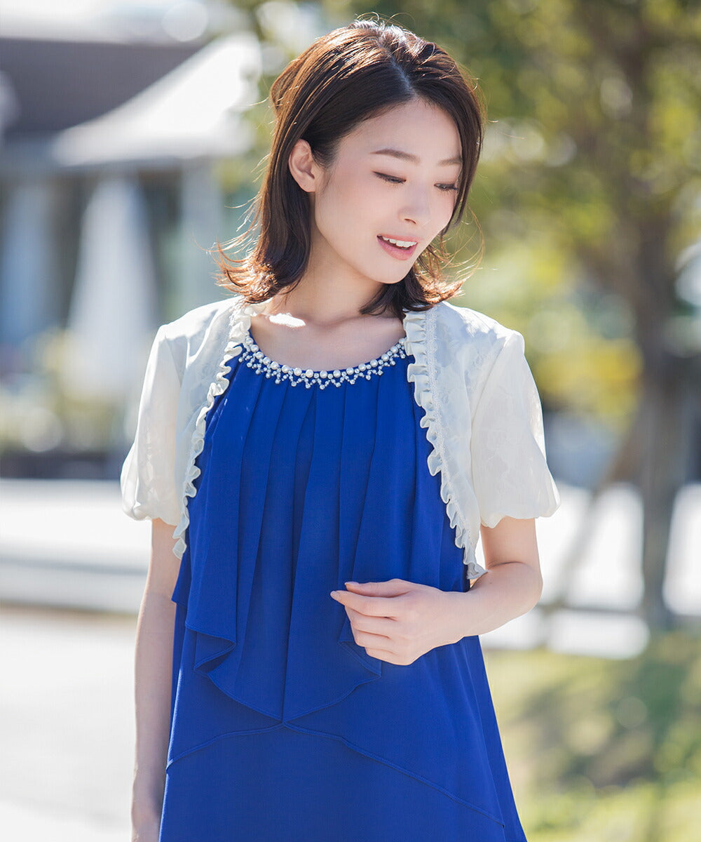 【結婚式ボレロ】★大人気商品★レース＆フリルシフォンボレロ★パーティドレス、お呼ばれ結婚式食事会、二次会、謝恩会などの服装にお呼ばれ服に、フリル、シフォン【お得イベント開催中】