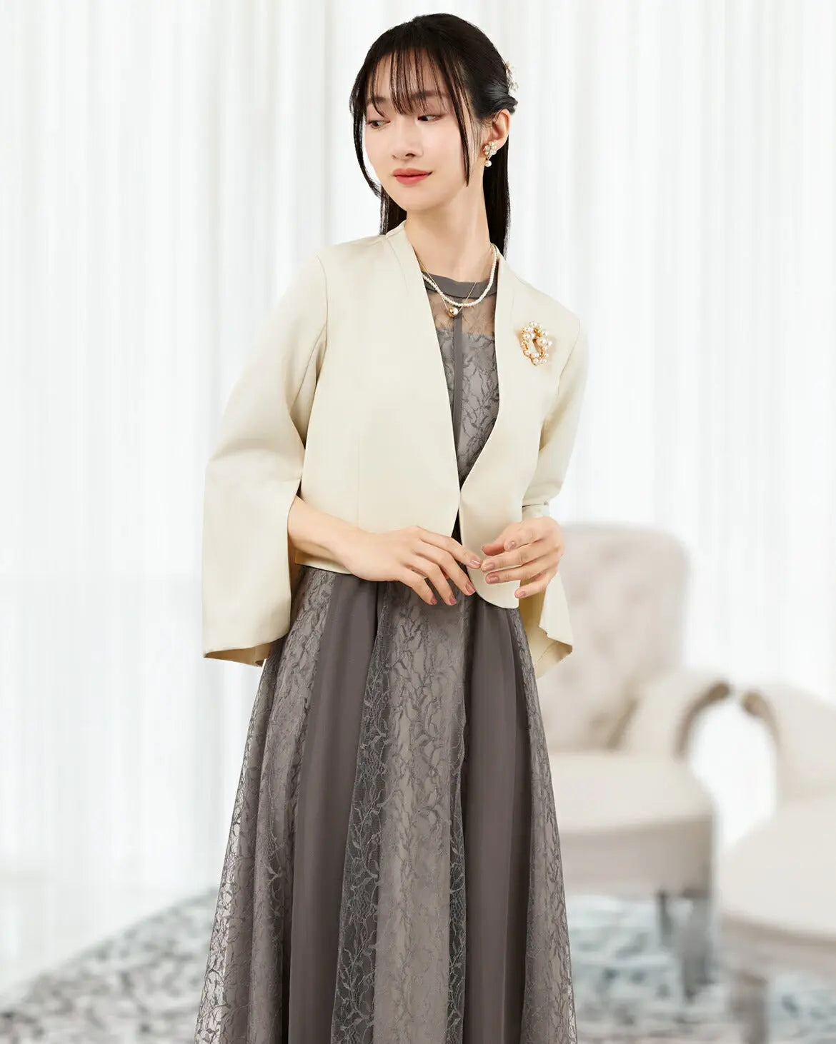 結婚式ボレロパーティーフォーマルジャケットレディース秋冬7分袖カットソーパーティ