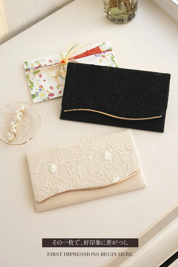 ふくさ 袱紗 結婚式 お呼ばれ レディース オールシーズン 差し込み式 金封ふくさ レース刺繍 スパンコール ベージュ/ブラック コンパクト