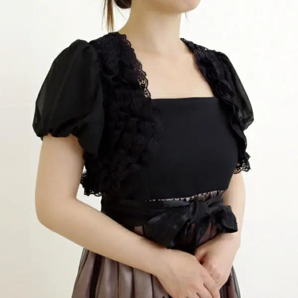 ふんわりパフスリーブ胸元フリルシフォンボレロ★結婚式、二次会パーティードレスや、パーティドレスや、フォーマルドレスや、謝恩会などに、【お得イベント開催中】