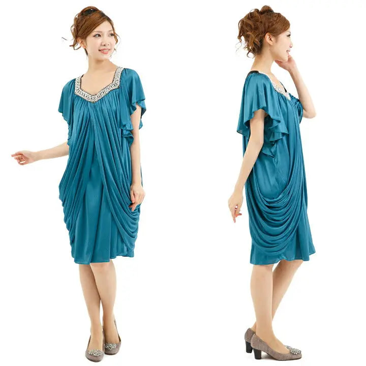 パーティードレス結婚式ドレス【袖付き】煌きビジュー＆ドレープサテンワンピース!!サイドドレープでヒップカバー効果抜群☆ドレス結婚式お呼ばれパーティーワンピ二次会2次会パーティワンピ-ス通販Dress楽天服装お呼ばれ服パーティドレス送料無料