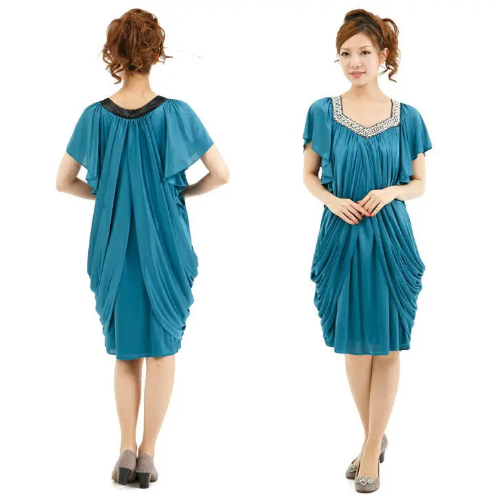 パーティードレス結婚式ドレス【袖付き】煌きビジュー＆ドレープサテンワンピース!!サイドドレープでヒップカバー効果抜群☆ドレス結婚式お呼ばれパーティーワンピ二次会2次会パーティワンピ-ス通販Dress楽天服装お呼ばれ服パーティドレス送料無料