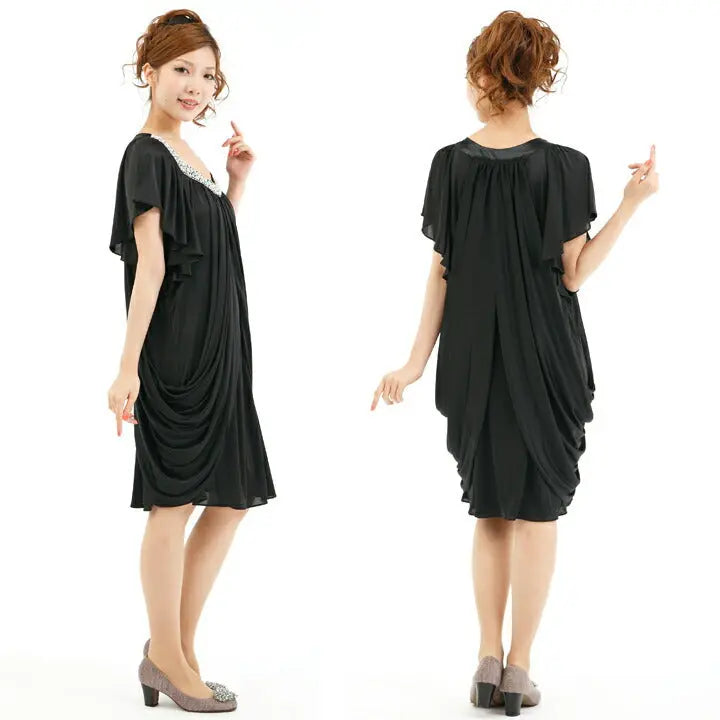 パーティードレス結婚式ドレス【袖付き】煌きビジュー＆ドレープサテンワンピース!!サイドドレープでヒップカバー効果抜群☆ドレス結婚式お呼ばれパーティーワンピ二次会2次会パーティワンピ-ス通販Dress楽天服装お呼ばれ服パーティドレス送料無料