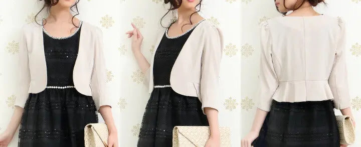 7分袖ノーカラージャケット★【パーティーボレロ,パーティボレロ,ボレロ,結婚式ボレロ,結婚式,お呼ばれ,服装,2次会,二次会,通販,bolero,パーティドレス,ボレロ,長袖,ジャケット,羽織物,フォーマル,演奏会,発表会,披露宴,シンプル】