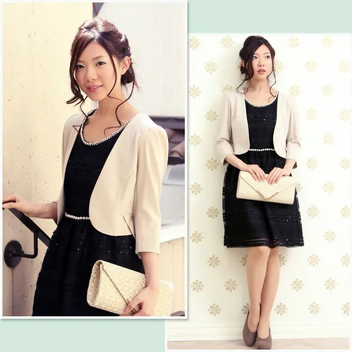 7分袖ノーカラージャケット★【パーティーボレロ,パーティボレロ,ボレロ,結婚式ボレロ,結婚式,お呼ばれ,服装,2次会,二次会,通販,bolero,パーティドレス,ボレロ,長袖,ジャケット,羽織物,フォーマル,演奏会,発表会,披露宴,シンプル】