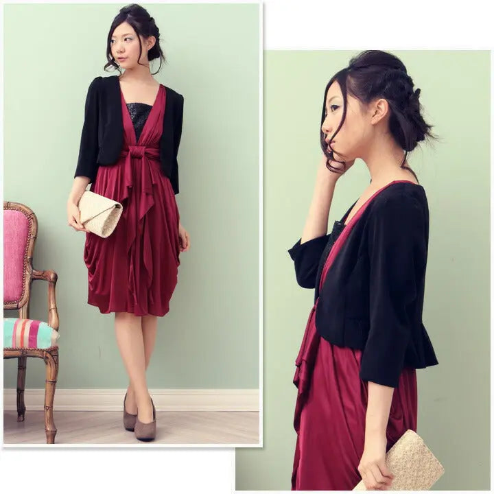 7分袖ノーカラージャケット★【パーティーボレロ,パーティボレロ,ボレロ,結婚式ボレロ,結婚式,お呼ばれ,服装,2次会,二次会,通販,bolero,パーティドレス,ボレロ,長袖,ジャケット,羽織物,フォーマル,演奏会,発表会,披露宴,シンプル】