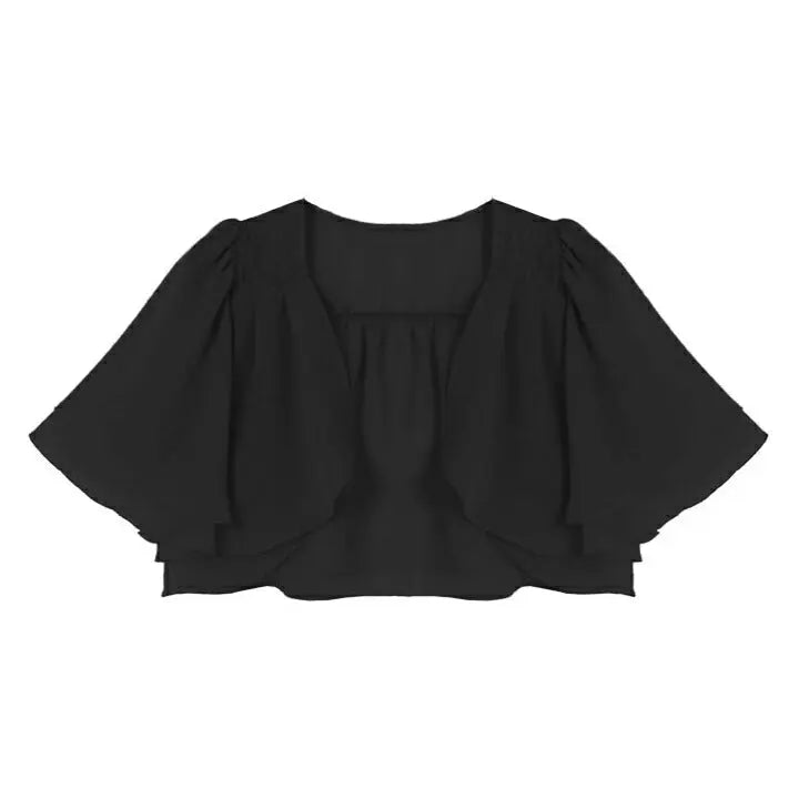 ラッフルスリーブジャレロシフォンボレロ 【パーティーボレロ,パーティボレロ,ボレロ,結婚式ボレロ,結婚式,お呼ばれ,服装,2次会,二次会,通販,bolero,パーティドレス,ボレロ,大きいサイズ,羽織物,フォーマル,演奏会,発表会,披露宴,半袖】 パーティードレス通販TwinkleGIrls