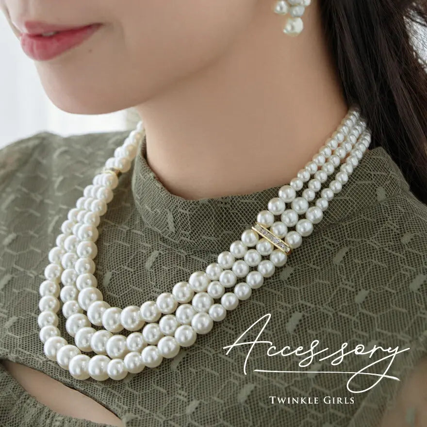 ネックレス 結婚式 パール アクセサリー パーティー ゴージャス ロング レディース 3連 50cm 2WAY ウェディング シンプル ボリューム パールネックレス