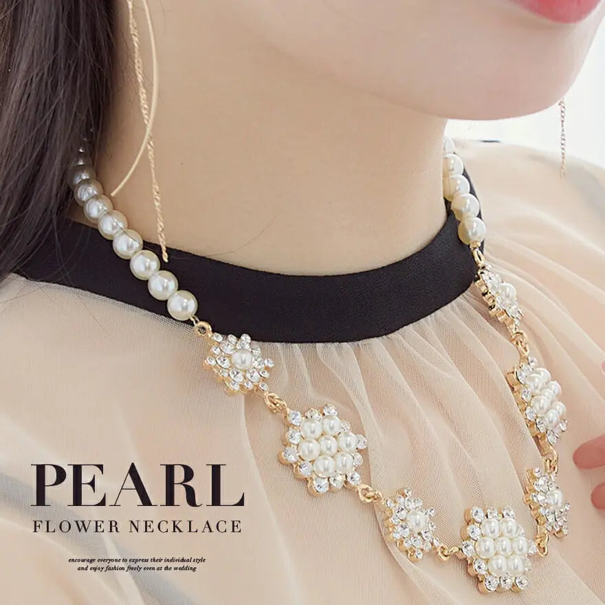 ネックレス結婚式パールアクセサリーパーティーゴージャスショートレディース1連40cm50cm花モチーフウェディングシンプルボリュームパールネックレス