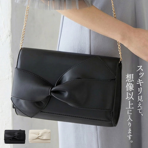 立体フロントリボン 袱紗が入る 大きめ パーティーバッグ サブバッグ不要 3WAY 上品 大人 オケージョン フォーマル クラッチ 結婚式 披露宴 二次会 謝恩会 同窓会 顔合わせ 入学式 卒業式 ブラック アイボリー