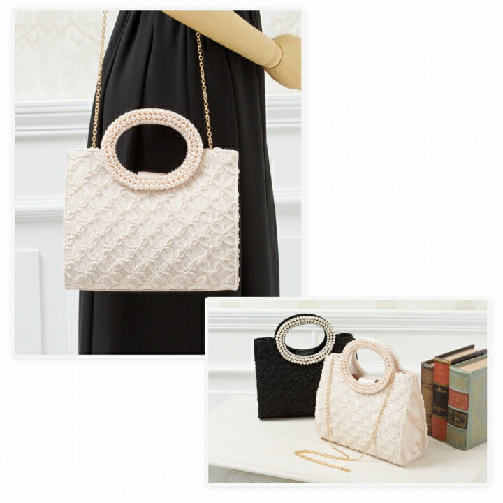 パーティーバッグ謝恩会バッグ結婚式バッグ同窓会お呼ばれ二次会披露宴レディースパールハンドルベージュ/ブラック