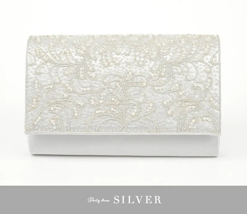 パーティーバッグ結婚式バッグ大きめパールビーズショルダーシルバーパーティバッグサテン披露宴お呼ばれフォーマルレディース即日配送
