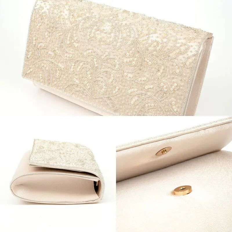 パーティーバッグ結婚式バッグ大きめパールビーズショルダーシルバーパーティバッグサテン披露宴お呼ばれフォーマルレディース即日配送