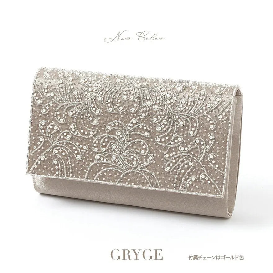 パーティーバッグ結婚式バッグ大きめパールビーズショルダーシルバーパーティバッグサテン披露宴お呼ばれフォーマルレディース即日配送