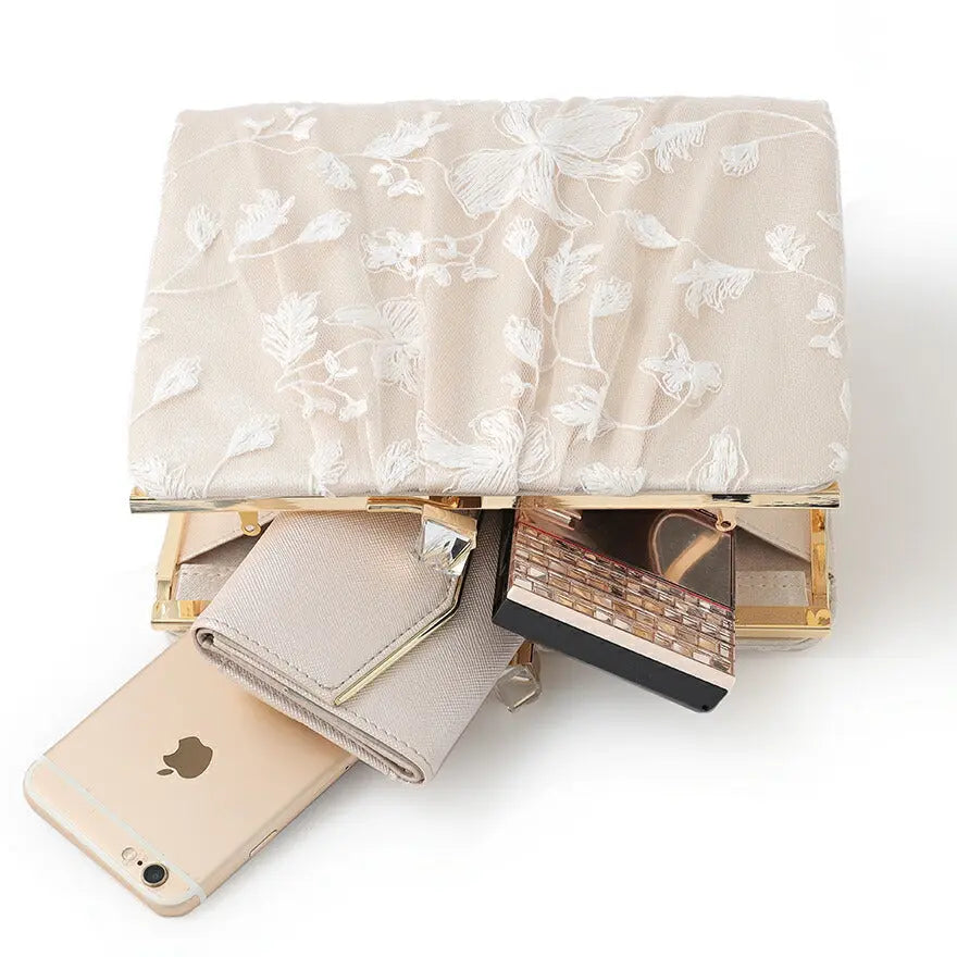 結婚式バッグパーティーバッグレディース春夏スクエアレース/がま口/ショルダー/シルバー/クラッチ/2WAY