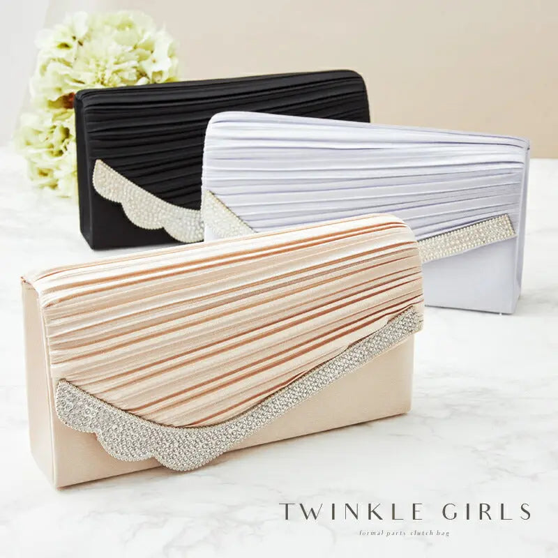 バッグ結婚式【大きめ】プリーツ＆ラインストーンのパーティーバッグ【クラッチバックパーティバッグ二次会服装謝恩会BAGクラッチバッグパーティーバック通販お呼ばれ服サブバッグ2次会服装楽天大きめ】