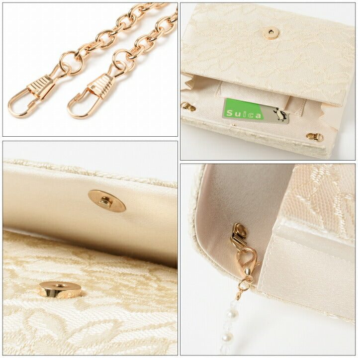 結婚式バッグパーティーバッグ大きめバッグお呼ばれ謝恩会レースパールベージュ/ブラック