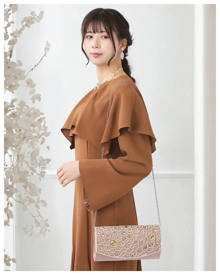 パーティーバッグ結婚式バッグ大きめベージュ/ブラック