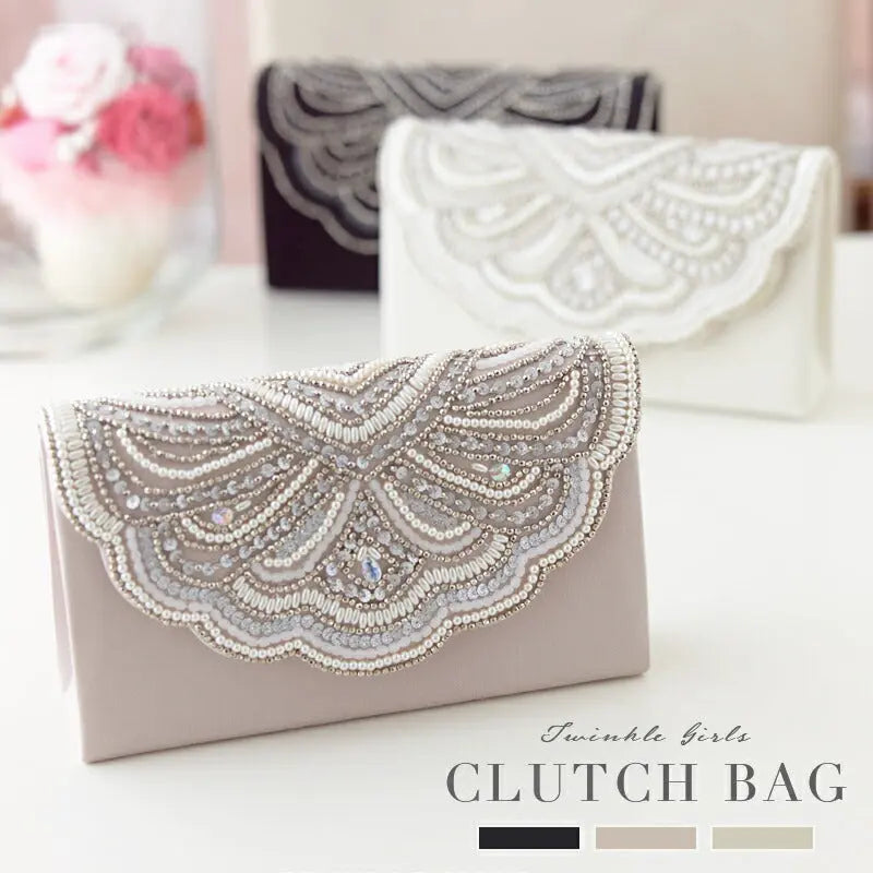 パーティーバッグ結婚式バッグビーズバッグスカラップパーティーバッグおしゃれかわいいシンプル黒/ベージュ/シルバーショルダー3WAY即日発送謝恩会