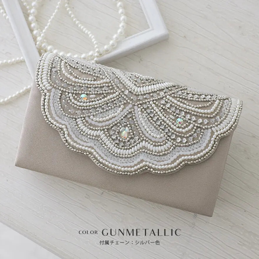 パーティーバッグ結婚式バッグビーズバッグスカラップパーティーバッグおしゃれかわいいシンプル黒/ベージュ/シルバーショルダー3WAY即日発送謝恩会