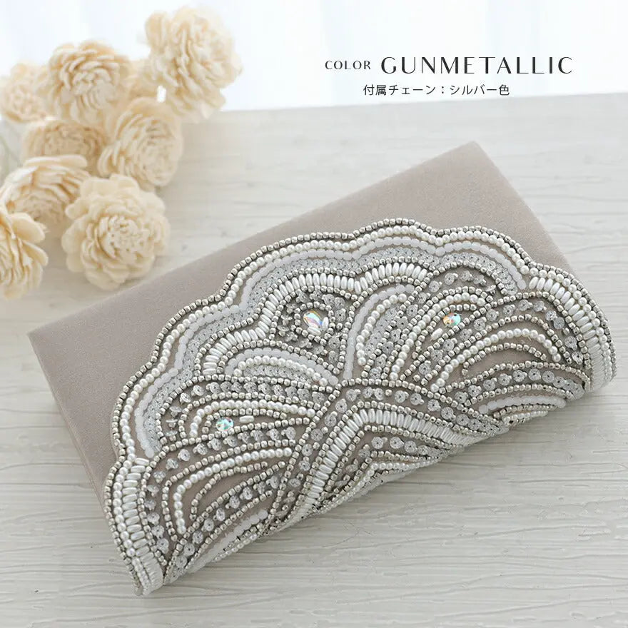 パーティーバッグ結婚式バッグビーズバッグスカラップパーティーバッグおしゃれかわいいシンプル黒/ベージュ/シルバーショルダー3WAY即日発送謝恩会