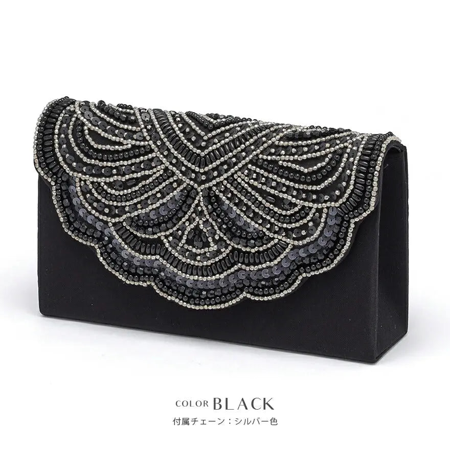 パーティーバッグ結婚式バッグビーズバッグスカラップパーティーバッグおしゃれかわいいシンプル黒/ベージュ/シルバーショルダー3WAY即日発送謝恩会
