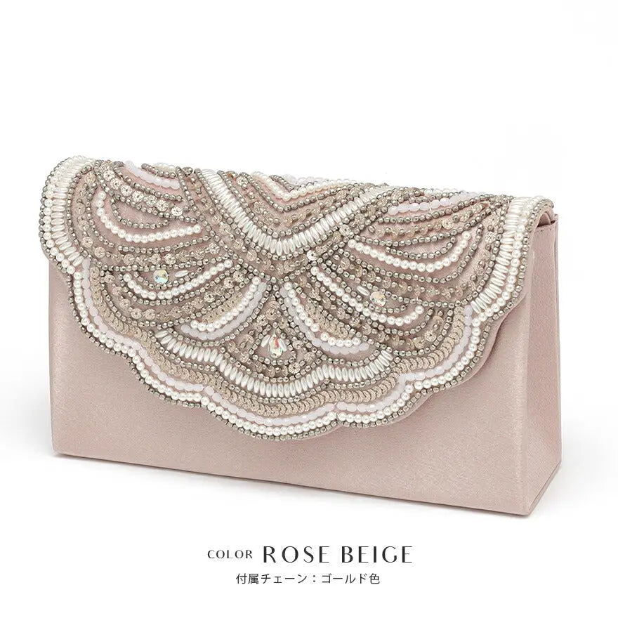 パーティーバッグ結婚式バッグビーズバッグスカラップパーティーバッグおしゃれかわいいシンプル黒/ベージュ/シルバーショルダー3WAY即日発送謝恩会