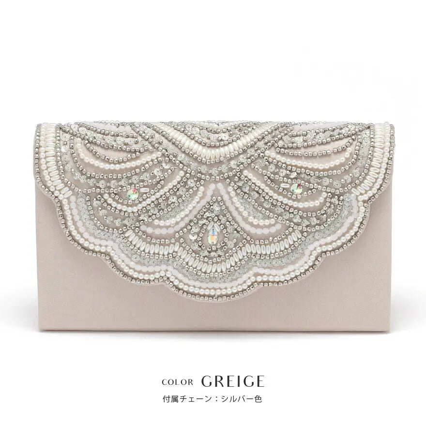 パーティーバッグ 結婚式 バッグ ビーズバッグ スカラップパーティーバッグ おしゃれ かわいい シンプル 黒/ベージュ/シルバー ショルダー 3WAY 即日発送  謝恩会 パーティードレス通販TwinkleGIrls