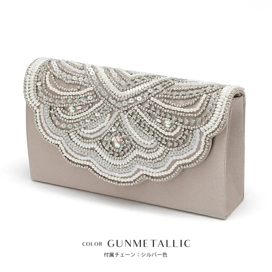 パーティーバッグ結婚式バッグビーズバッグスカラップパーティーバッグおしゃれかわいいシンプル黒/ベージュ/シルバーショルダー3WAY即日発送謝恩会