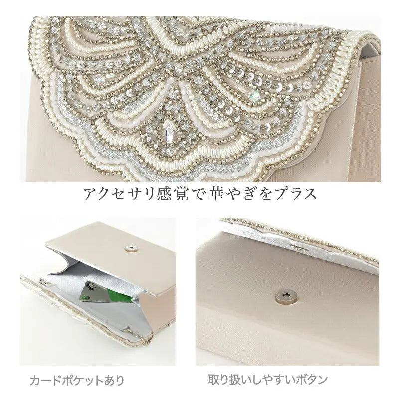 パーティーバッグ結婚式バッグビーズバッグスカラップパーティーバッグおしゃれかわいいシンプル黒/ベージュ/シルバーショルダー3WAY即日発送謝恩会