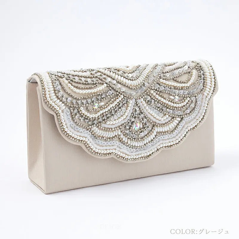 パーティーバッグ結婚式バッグビーズバッグスカラップパーティーバッグおしゃれかわいいシンプル黒/ベージュ/シルバーショルダー3WAY即日発送謝恩会