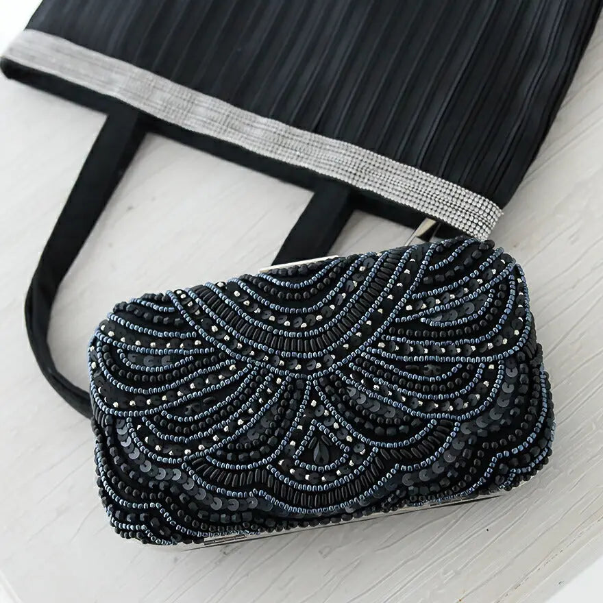 パーティーバッグ結婚式バッグレディース秋冬ビーズ刺しゅう/フェイクパール/ビーズ/スパンコール/コンパクト/2WAY小さめ