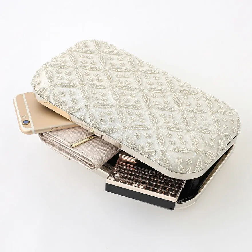 結婚式バッグパーティーバッグ小さめクラッチバッグレディース春夏スクエアリーフビーズ/ショルダー/シルバー/クラッチ/2WAY