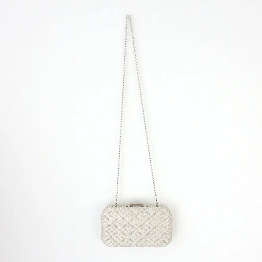 結婚式バッグパーティーバッグ小さめクラッチバッグレディース春夏スクエアリーフビーズ/ショルダー/シルバー/クラッチ/2WAY