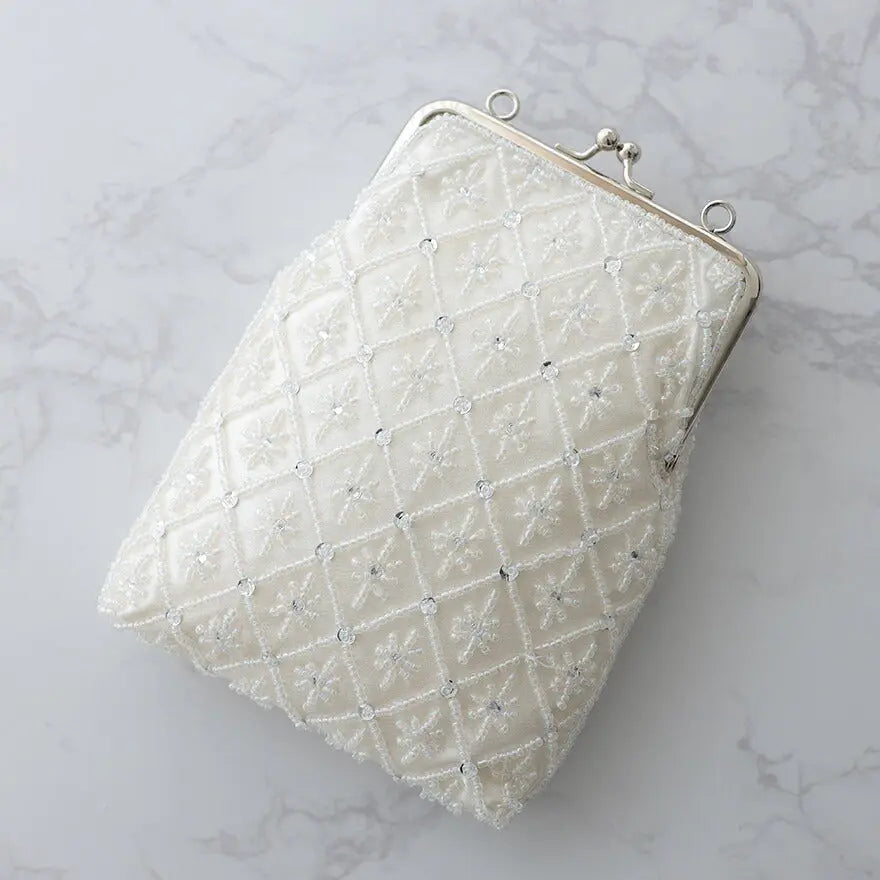 結婚式バッグパーティーバッグサコッシュレディース春夏がま口リーフビーズ/ショルダー/シルバー/クラッチ/2WAY