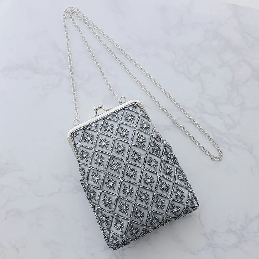 結婚式バッグパーティーバッグサコッシュレディース春夏がま口リーフビーズ/ショルダー/シルバー/クラッチ/2WAY