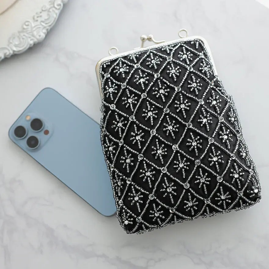 結婚式バッグパーティーバッグサコッシュレディース春夏がま口リーフビーズ/ショルダー/シルバー/クラッチ/2WAY