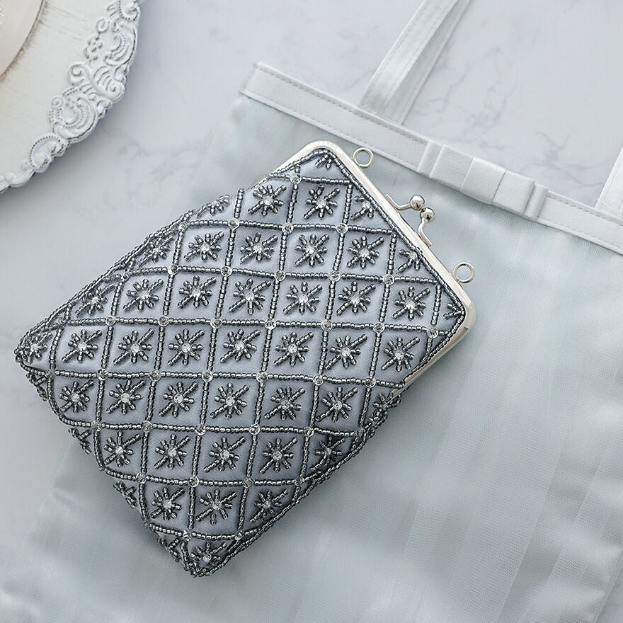 結婚式バッグパーティーバッグサコッシュレディース春夏がま口リーフビーズ/ショルダー/シルバー/クラッチ/2WAY