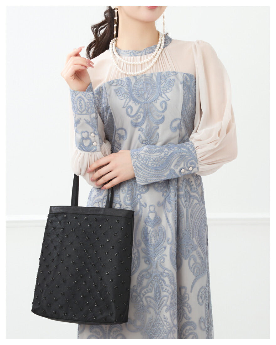 サブバッグ結婚式パーティートートA4フォーマルレース行事翌日配送おしゃれ華やか上品華奢サテンベージュ/ブラック