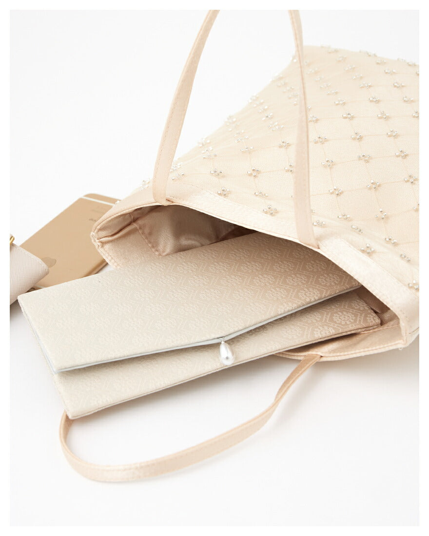 サブバッグ結婚式パーティートートA4フォーマルレース行事翌日配送おしゃれ華やか上品華奢サテンベージュ/ブラック